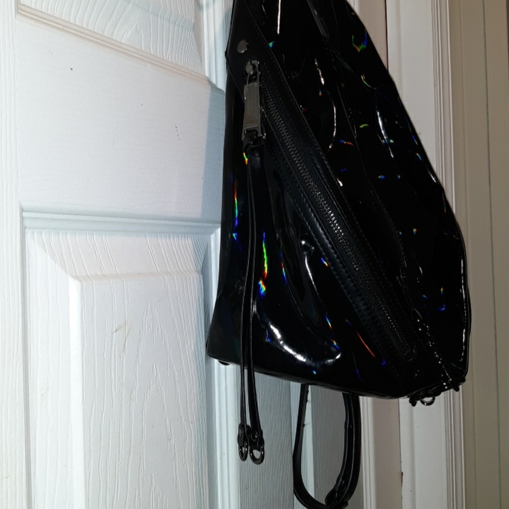 Rebecca Minkoff "Julian" Holographic Black/Black Nylon Medium Zip Backpack - Picture 4 of 17